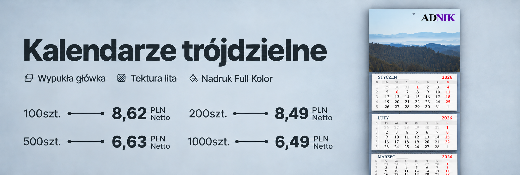 Kalendarze trójdzielne - kalendarze reklamowe dla firm Adnik